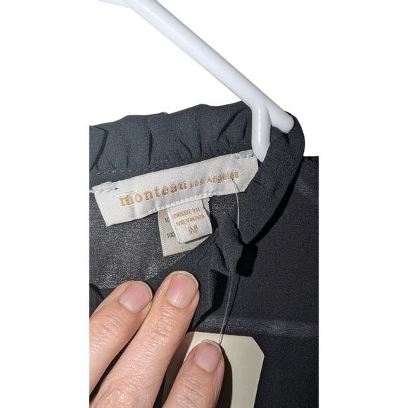 NWT Monteau Los Angeles Black 3/4 Sleeve Ruffle Blouse KeyholeNeckline MediumNWT - Picture 2 of 4